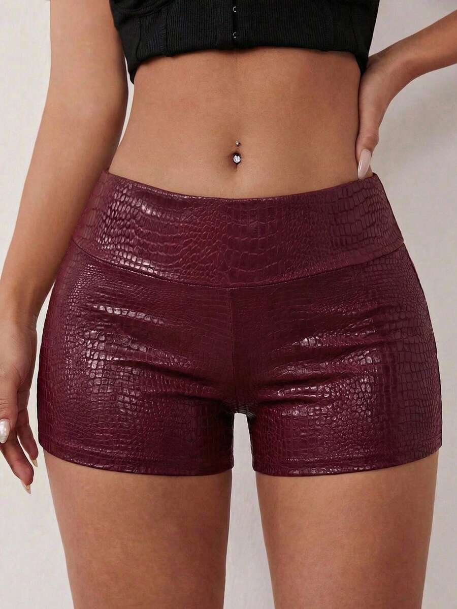 SHEIN SXY Women's High Waist Faux Crocodile Textured Skinny Short Leggings,Summer,Summer ,Spring,Casual,Burgundy - Burgundy - View 1