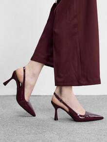 CUCCOO BIZCHIC 女士尖头细高跟酒红色时尚简约百搭日常通勤购物鞋 女士高跟鞋 后跟系带露跟鞋 女鞋 - 酒紅色 - 查看 4
