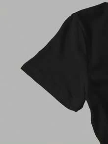 少女短款修身圆领短袖印花T恤，休闲舒适时尚百搭 - 黑色 - 查看 4