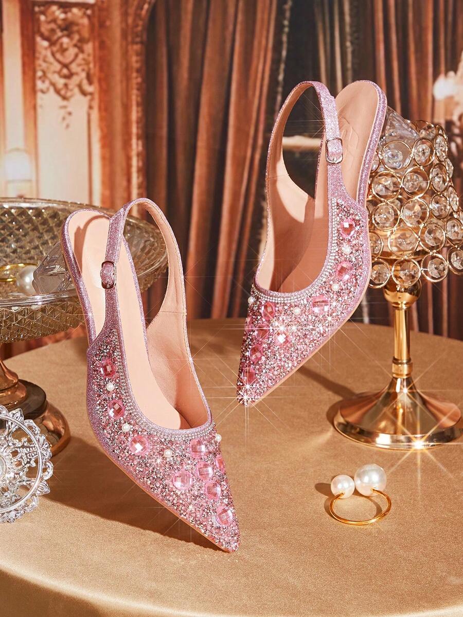 CUCCOO TILAWA Tacones altos de cristal con puntera puntiaguda y rhinestones rosas, adecuados para salidas, banquetes, fiestas y otros eventos - Rosa - Ver 1