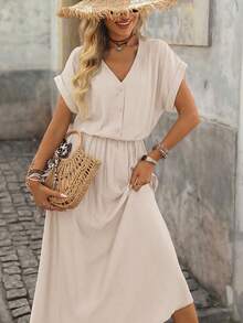Brillora V领半开襟纹理面料女士宽松短袖连衣裙，适合户外度假，春夏皆宜 - 杏色 - 查看 8