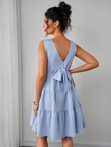 Momance Striped V-Back Cropped Elegant Bow Tie Maternity Dress - Blue - View 2