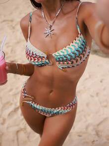 Swim Vcay Conjunto de bikini geométrico con estampado elegante y romántico para vacaciones en la isla, decoración de acrílico y metal - Multicolor - Ver 6