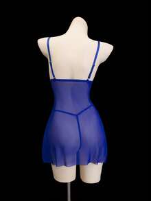 SHEIN 2件套女士性感无线网眼内衣吊带背心套装 - 藍色 - 查看 4