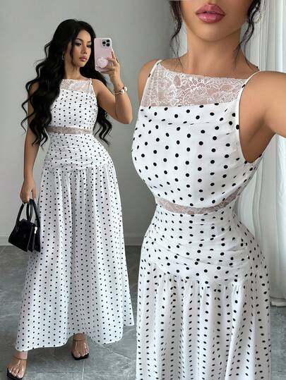 Elenzga Women's Elegant Romantic Casual Commute Beach Vacation Lace Patchwork Polka Dot Slip Dress, White, Fashionable And Versatile For Spring And Summer