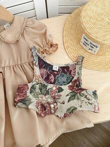 SHEIN Baby Girl Vintage Floral Pattern Vest & Peter Pan Collar Short Sleeve Dress Set - Multicolor - View 4