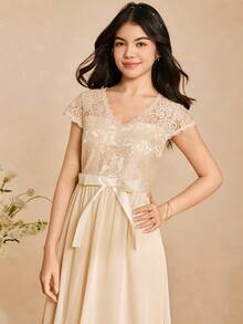 Elegant Lace & Chiffon V-Neck Cap Sleeve Waist Fit Flare Dress, Suitable For Bridesmaids, Prom, Birthday Party, Banquet, All Seasons - Apricot - View 1