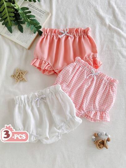 Vintaside Kids BabyboyBabygirl Holiday Outfits Christmas Casual Outfits White Apricot Plaid Multi-Colored Three Pieces Shorts In Woven Fabric. Suitable For Toddler Summer, Waist And Trouser Leg Ruffled Decoration And Rope Design, Fashion Sweet And Playful Elements, Loose Version, Suitable For Daily Wear, Home Leisure, Shopping And So On