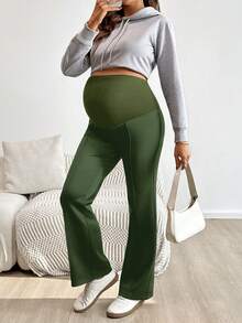 Modmama Maternity Solid Color Adjustable Waist Casual Versatile Daily Wear Pants - Army Green - View 4