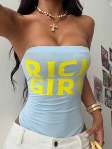 StreetHx 街头风女装夏季字母印花抹胸连体衣 - 藍色 - 查看 3