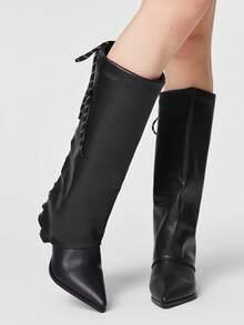 ROMWE Grunge Punk Botas altas hasta la rodilla de tacón alto, de diseño versátil y de moda con punta puntiaguda y cordones para mujer - Negro - Ver 3