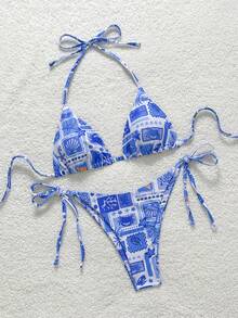 Soleia Peacock Blue Knit Metallic Thread V-Neck Shell Chain Decor Tie-Up 2 Pieces Bikini Set For Beach Vacation - Baby Blue - View 3