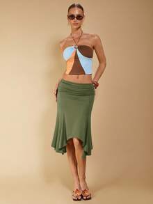 Women's Elegant Asymmetrical Ruched Brown Skirt, Suitable For Spring And Summer - Army Green - View 4