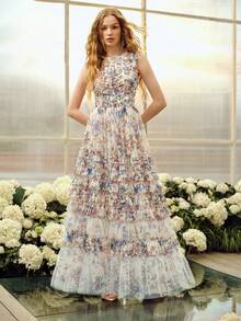 MOTF PREMIUM WOMEN'S ROUND NECK MESH PRINTED WAIST FLARED ROMANTIC LONG DRESS, SPRING/SUMMER - Multicolor - View 3