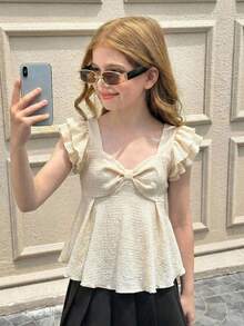 SHEIN Tween Girl Textured Knit Fabric Double Ruffle Collar & Hem Babydoll Top,Cute White Summer Casual Vacation Short Sleeve T-Shirt For Girls - Apricot - View 1
