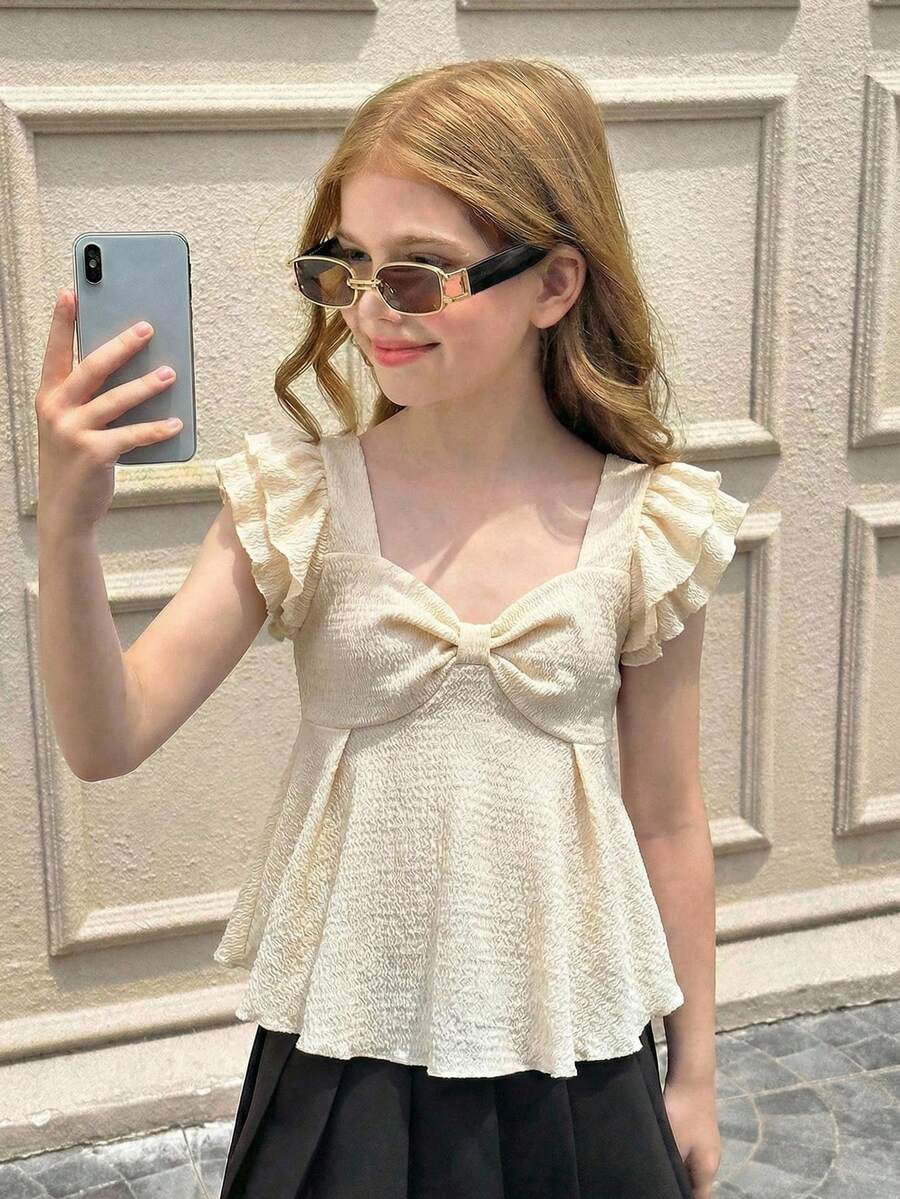 SHEIN Tween Girl Textured Knit Fabric Double Ruffle Collar & Hem Babydoll Top,Cute White Summer Casual Vacation Short Sleeve T-Shirt For Girls - Apricot - View 1