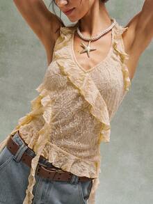 Bohemela Top halter de mujer estilo bohemio para primavera/verano, con un diseño elegante y romántico de volantes y un patrón de encaje jacquard. Adecuado para vacaciones en la playa, uso diario, festivales de música y looks de fiesta, vuelta al colegio, estilo callejero estadounidense, así como deportes, salidas, ciclismo, fiestas, San Valentín, carnavales y festivales de música. - amarillo ganso - Ver 6