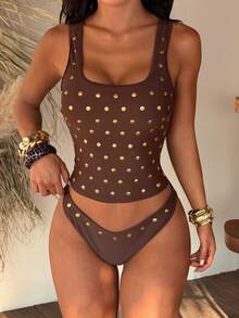 Swim Vcay Women's Summer Fashion Beach Vacation Style Solid Color Square Neck Rivet Decor Tankini Swimwear - Brown - View 5
