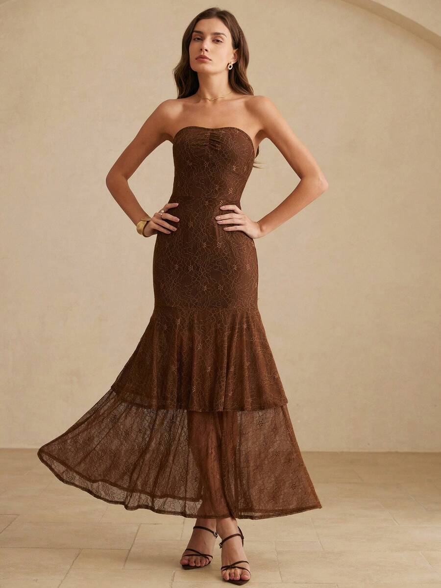 Aveloria Rosie Đầm maxi ren nâu không dây vai, xếp ly đôi, thanh lịch, duyên dáng và lãng mạn, mềm mại, sống động và tinh nghịch, phù hợp cho các buổi hẹn hò, tiệc trà chiều và các buổi gặp gỡ. - màu nâu - Xem 1