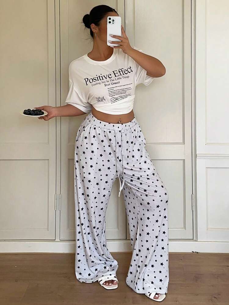 Dazy Plus Plus Size Casual Star Print Drawstring Waist Sleepwear Bottoms