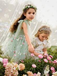 SHEIN Glamorique Kids 花童、生日派对、婚礼、节日礼服、女童公主裙、幸运大蝴蝶结、花卉网纱蓬蓬裙、参加派对或特殊场合、华丽连衣裙、可爱、美丽、四季皆宜、复活节、夏季、优雅派对礼服 - 綠色 - 查看 10