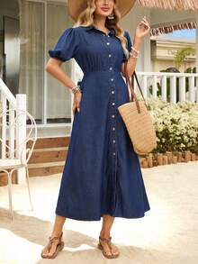 EMERY ROSE Women's Casual Front Button Denim Dress For Vacation - Dark Wash - View 4