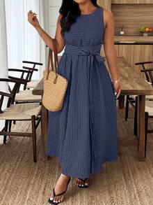 Weeklong Plus Size Striped Print Round Neck Casual Summer Sleeveless Dress - Multicolor - View 5