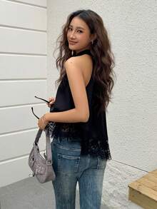 EastFlair Women's Contrast Lace Mandarin Collar Blouse - Black - View 2