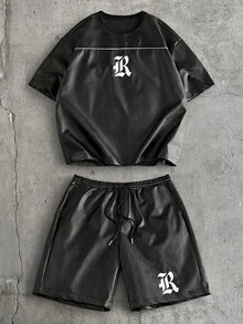 AXEPEAK Men's Casual Letter Print T-Shirt And Shorts Set, Summer - Black - View 1