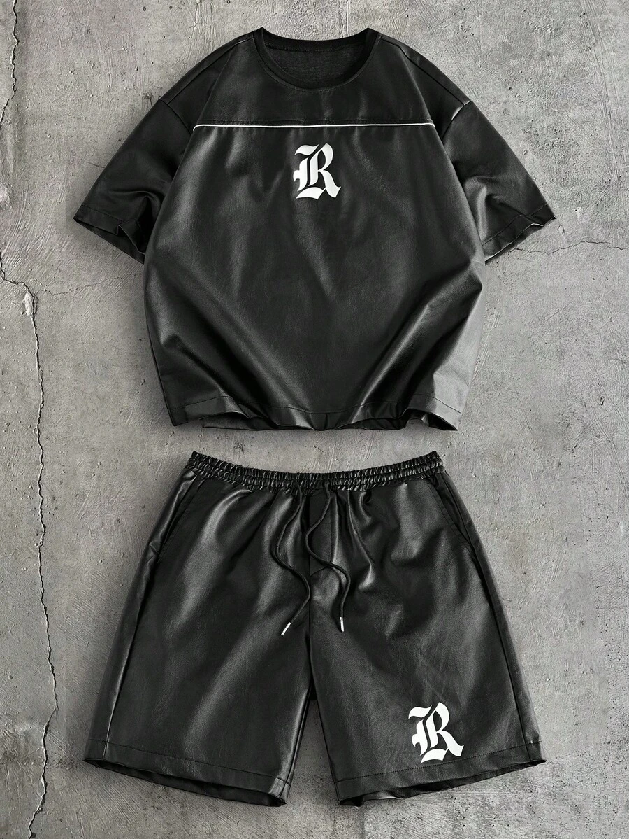 AXEPEAK Men's Casual Letter Print T-Shirt And Shorts Set, Summer - Black - View 1