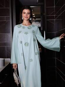 Yasmyna Women's Elegant Romantic Floral Print Flared Long Sleeve Maxi Cardigan - Green - View 5