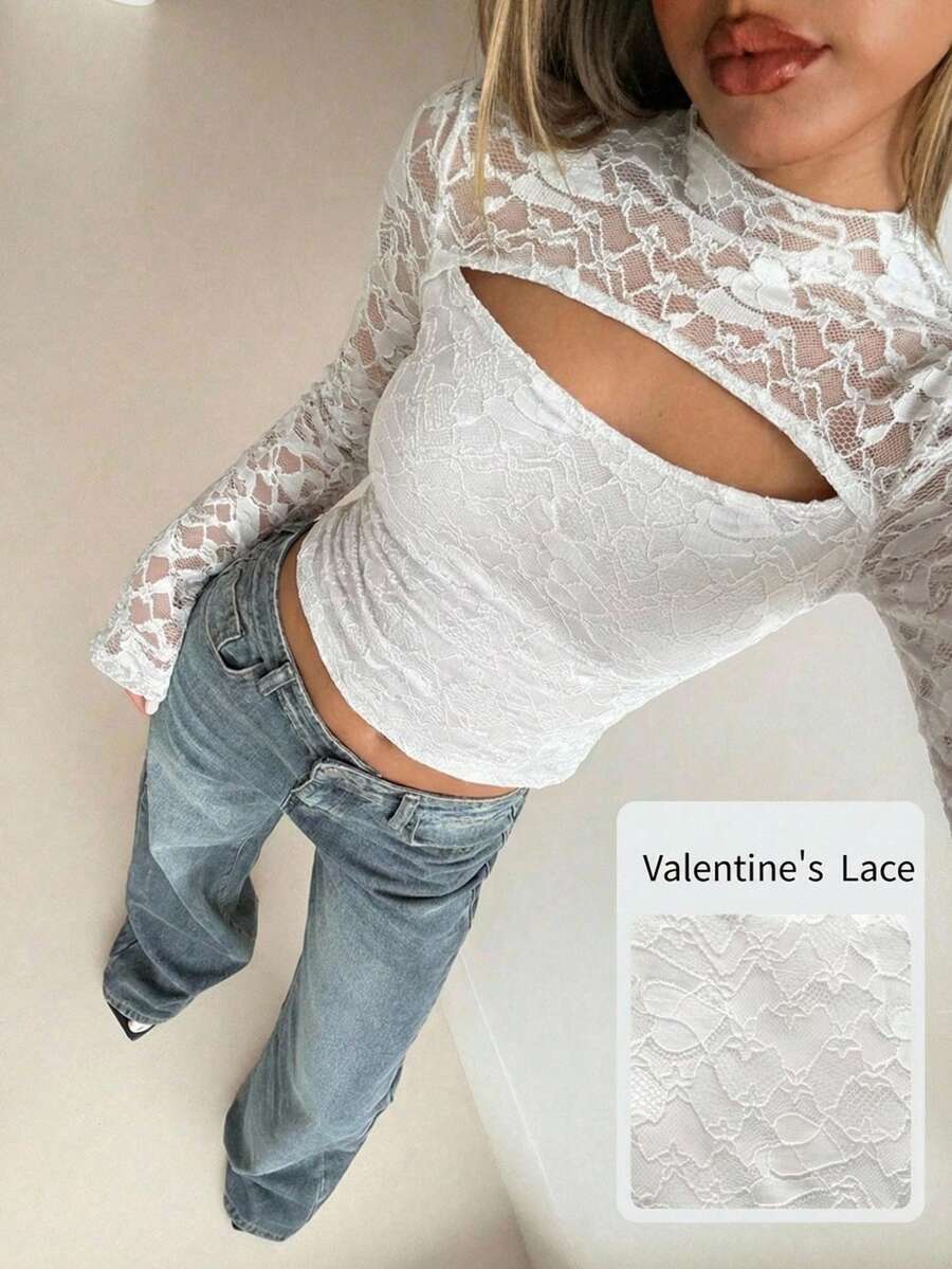 Aloruh Women's New Arrival Long Sleeve Top, Long Sleeve T-Shirt With Lace Patchwork, Valentine's Day With Heart Pattern, Y2K Style - White - View 1