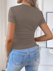 SHEIN Maternity Solid Color Round Neck Short Sleeve Drawstring T-Shirt For Summer - Grey - View 2