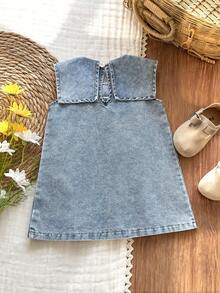 Vintaside Kids Babygirl Infant & Baby GirlSummer Collar Sleeveless Fashionable Casual Simple Washed Denim Dress, Suitable For Travel, Camping Or Daily Casual Wear - Blue - View 2