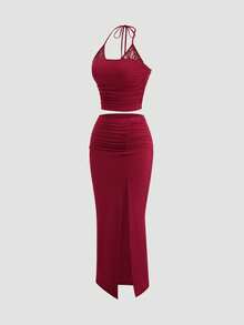 Sweetra Women's Wine Red Contrast Lace Halter Tie Waist Fitted Low Waist Side Ruched Slit Hem Skirt, Sexy & Chic European And American Style Two Pieces Set - Burgundy - View 3