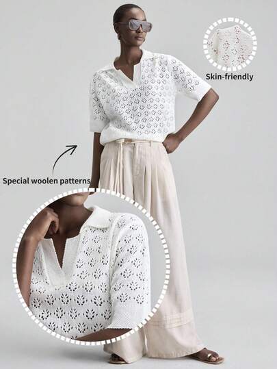 Ontre 2026 Versatile Collared Hollow-Out Knit Short Sleeve Top Beach Clothing, All Season  Ins Celebrity Same Style Vacation Style, Exotic Atmosphere, Country Concert, Western Style Clothing, High-Grade Fabric, Comfortable And Breathable Bohemian Style Vacation Wear Urban Commuting High-Quality Airport Women's Wear High-End Material Country Concert, Western Style Clothing, High-Grade Fabric, Comfortable And Breathable Bohemian Style Vacation Wear