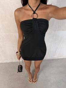 TRNVIE 复古圆环露背黑色迷你连衣裙，女士，春夏款 - 黑色 - 查看 3