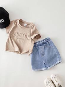 SHEIN 男婴夏季休闲字母印花T恤和浅蓝色牛仔短裤两件套 - 卡其色 - 查看 6