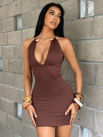 SHEIN DivaQ Sexy Deep V Floral Metal Decor Backless Sleeveless Bodycon Mini Dress, Suitable For Party, Spring/Summer/Autumn/Winter