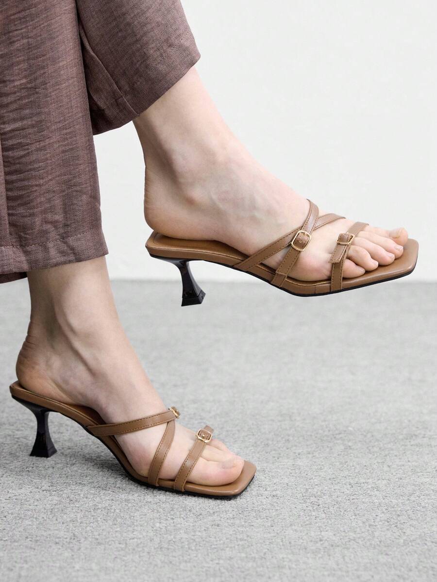 CUCCOO BIZCHIC 气质优雅女士拖鞋，带高跟，春夏新款简约时尚女士百搭露趾细高跟凉鞋 - 棕色 - 查看 1