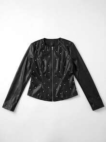 SHEIN PETITE 娇小女款铆钉装饰圆领街头朋克风短款PU皮夹克 - 黑色 - 查看 4