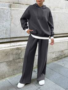 EURMUSE Bộ đồ 2 món thời trang đường phố thường ngày cho nữ, áo nỉ có mũ trùm đầu màu tương phản, có gân, dây rút - Xám - Xem 10