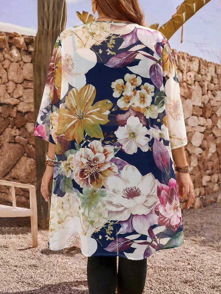 Plus Size Summer Floral Print Asymmetric Hem Front Open Cardigan Summer Tops Summer Outfits Summer Clothes  Spring  Spring Outfit Women Spring Clothes Country Style For Women