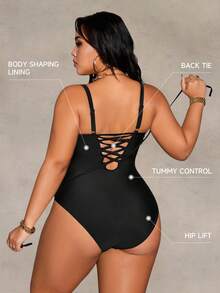 Shapewave 2026 New Summer Beach Lace & Mesh Patchwork Adjustable Drawstring Plus Size One-Piece Swimsuit - Black - View 2
