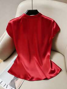 Franclia Summer Women's Stand Collar Top, Elegant Party Shirt For Women, New Chinese Style Plate Button Short-Sleeved Party Casual Short Red Top, Elegant Top For Women, Casual Fitted Waist Top For Women - Red - View 2