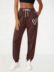 大码女式爱心印花抽绳腰带口袋休闲运动裤 - 棕色 - 查看 1