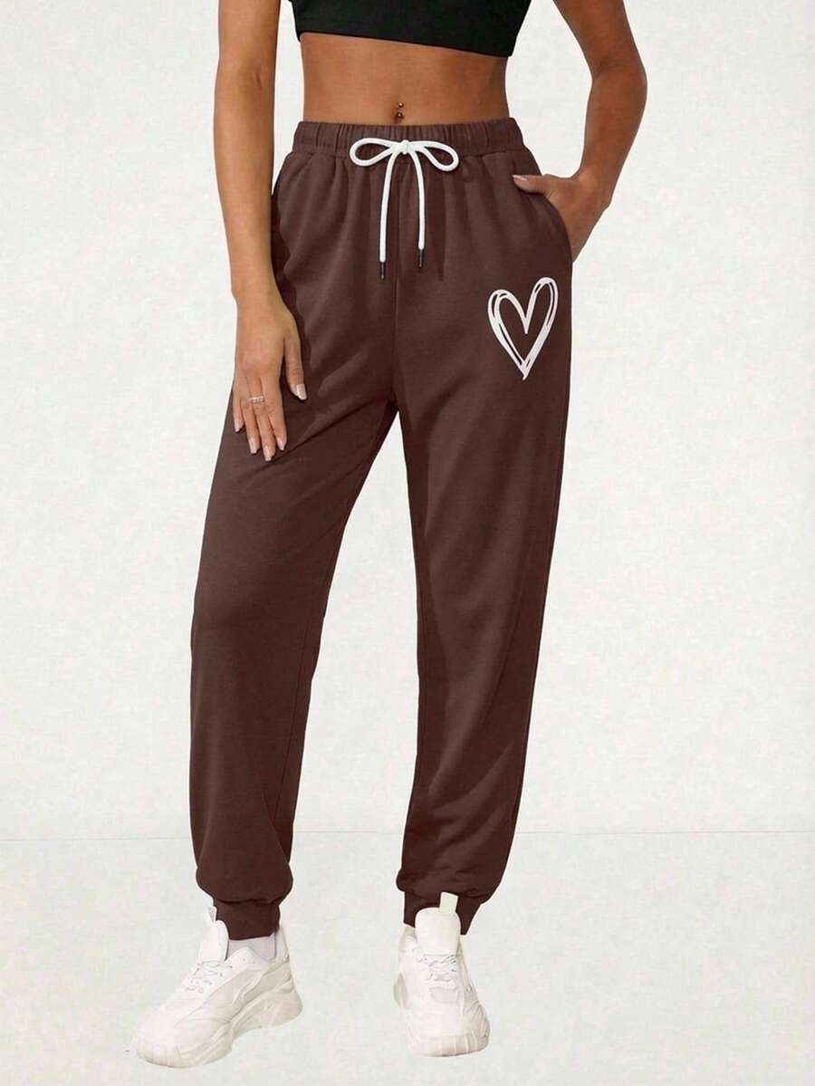 大码女式爱心印花抽绳腰带口袋休闲运动裤 - 棕色 - 查看 1