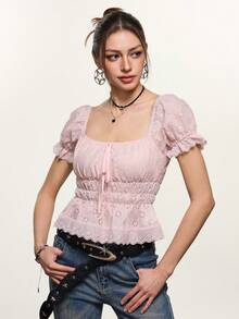 Rina Fox 2026 Women's Hollow Embroidery Square Neck Short Sleeve Blouse - Apricot - View 1