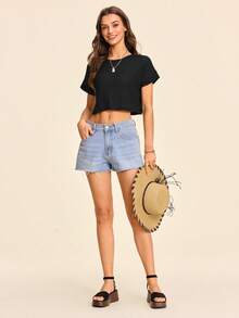 SHEIN VCAY Camiseta crop unicolor de manga murciélago - Negro - Ver 2