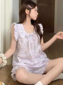 DAZY Summer Sweet Happy Dog Print Loose Ruffled Hem Women Pajama Set - Mauve Purple - View 3